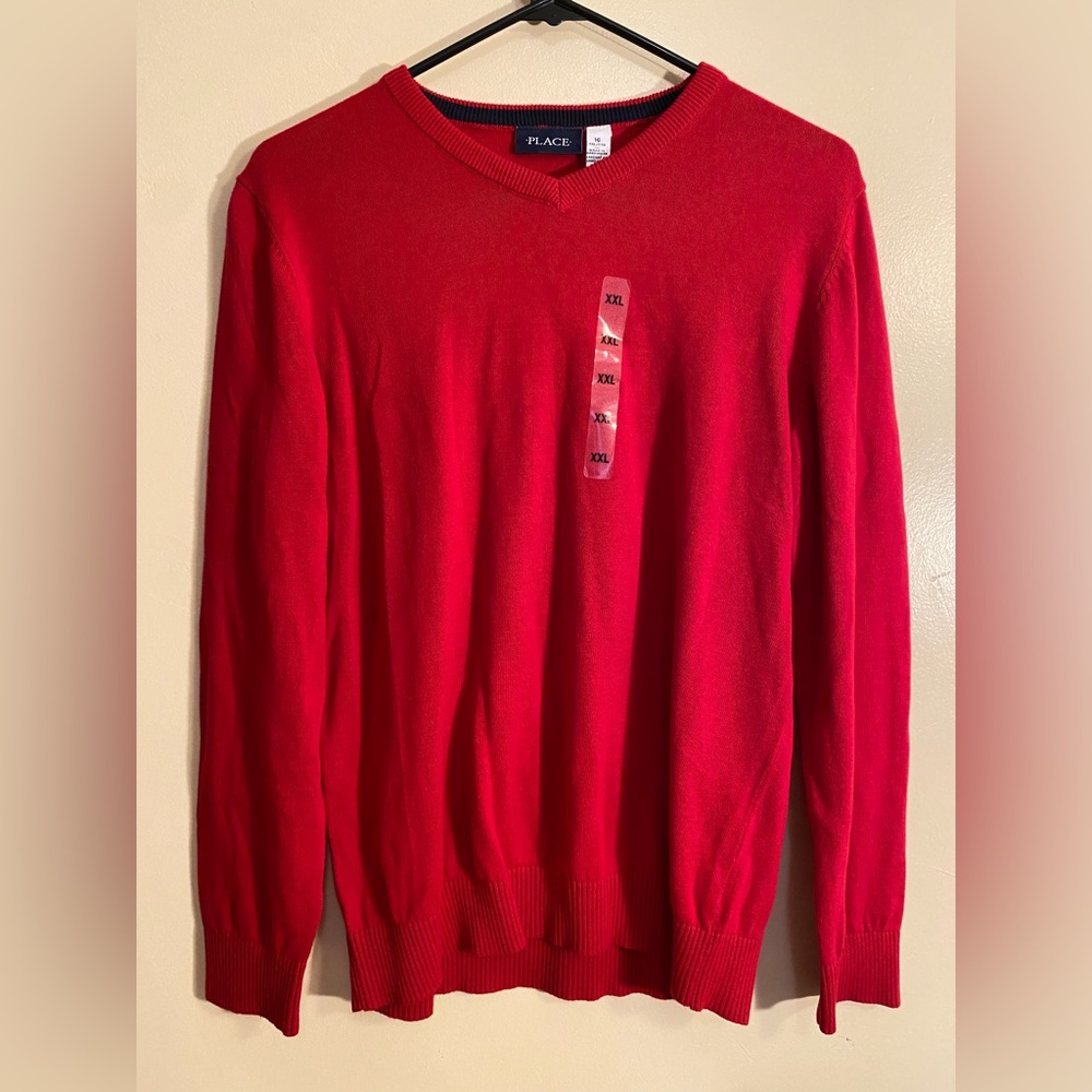 NWT Children’s Place Red With Navy Trim Crew Neck Sweater Boys XXL 16 Cotton